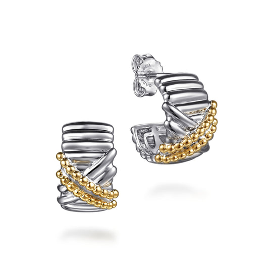 925 Sterling Silver and 14K Yellow Gold Bujukan Shrimp Criss Cross J Hoop Earrings