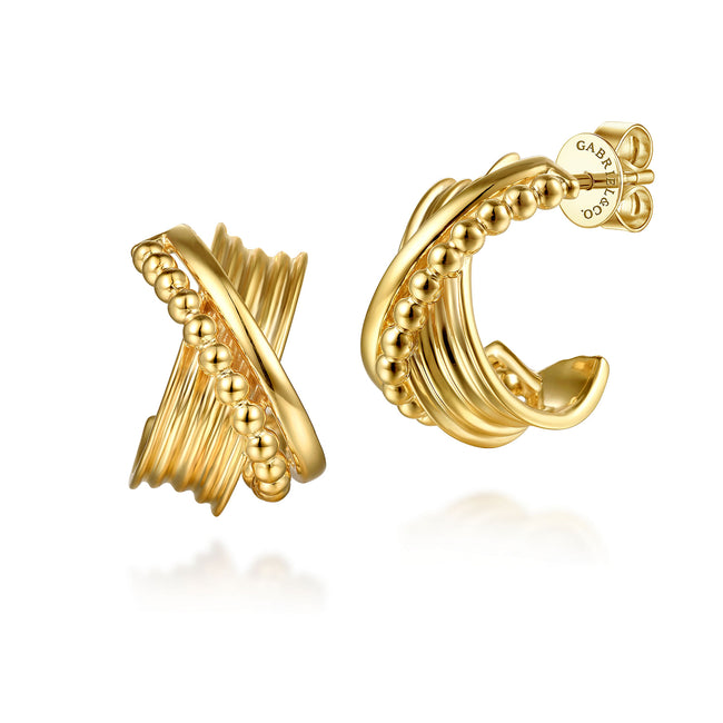 14K Yellow Gold Bujukan Criss Cross J Hoop Earrings