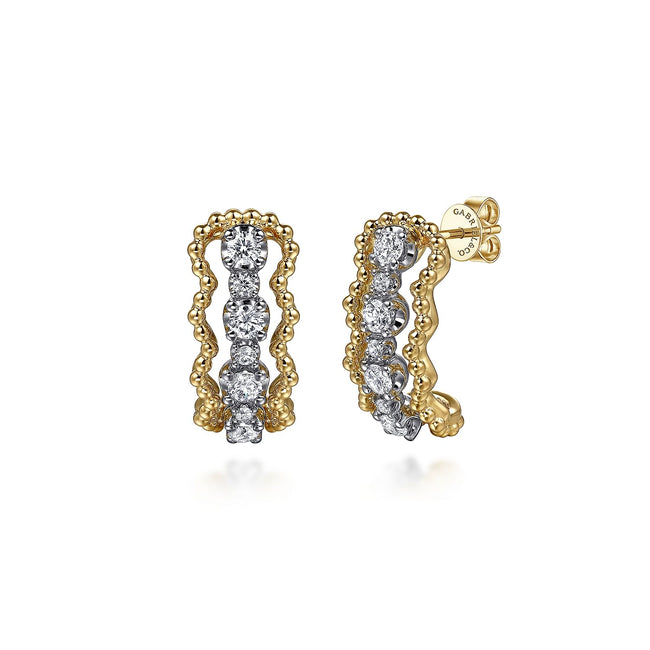 14K White&Yellow Gold Bujukan Diamond J Hoop Stud Earrings