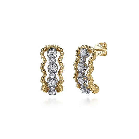 14K White&Yellow Gold Bujukan Diamond J Hoop Stud Earrings