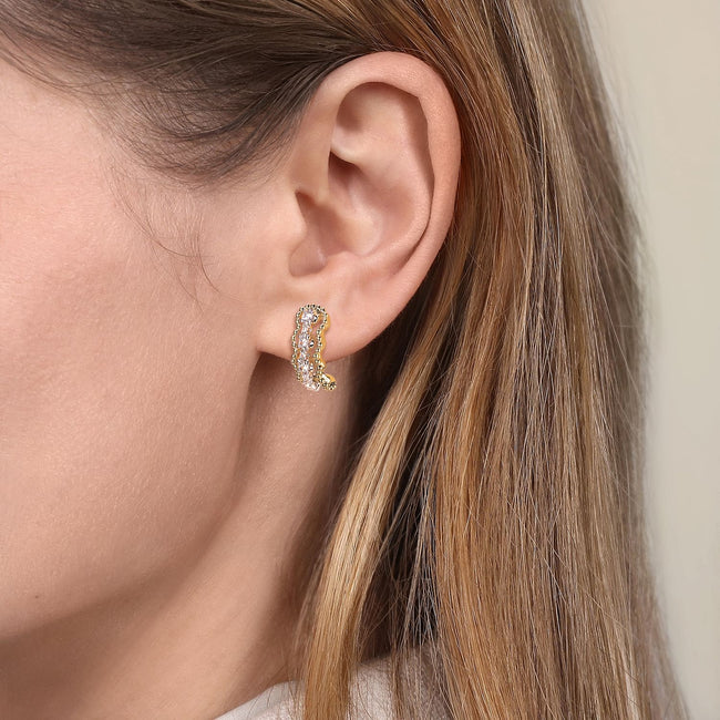 14K White&Yellow Gold Bujukan Diamond J Hoop Stud Earrings