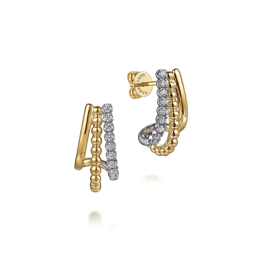 14K White & Yellow Gold Bujukan Diamond 3 Row J Hoop Stud Earrings