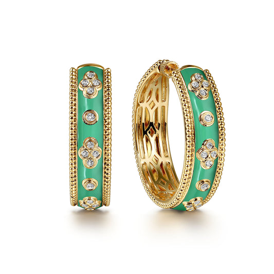 14K Yellow Gold Bujukan Diamond Classic Hoop Earrings with Emerald Green Enamel
