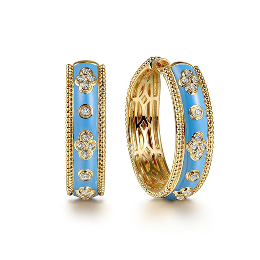 14K Yellow Gold Bujukan Diamond Classic Hoop Earrings with Dusk Blue Enamel