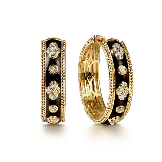 14K Yellow Gold Bujukan Diamond Classic Hoop Earrings with Black Enamel