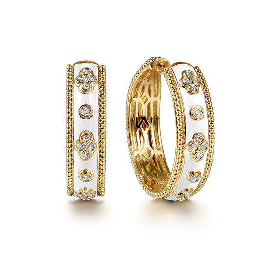 14K Yellow Gold Bujukan Diamond Classic Hoop Earrings with White Enamel