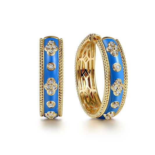 14K Yellow Gold Bujukan Diamond Classic Hoop Earrings with Blue Enamel