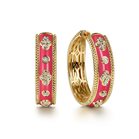 14K Yellow Gold Bujukan Diamond Classic Hoop Earrings with Fuchsia Enamel
