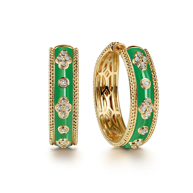 14K Yellow Gold Bujukan Diamond Classic Hoop Earrings with Mint Green Enamel