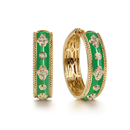 14K Yellow Gold Bujukan Diamond Classic Hoop Earrings with Mint Green Enamel