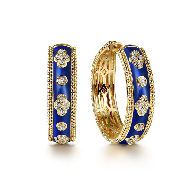 14K Yellow Gold Bujukan Diamond Classic Hoop Earrings with Chrome Blue Enamel