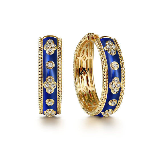 14K Yellow Gold Bujukan Diamond Classic Hoop Earrings with Chrome Blue Enamel