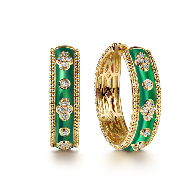 14K Yellow Gold Bujukan Diamond Classic Hoop Earrings with Chrome Green Enamel