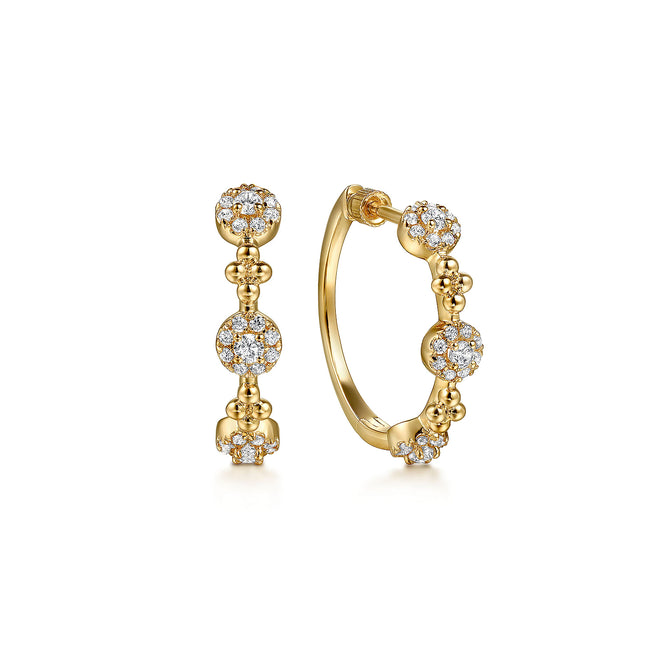 14K Yellow Gold Bujukan Diamond Cluster Classic Hoop Earrings