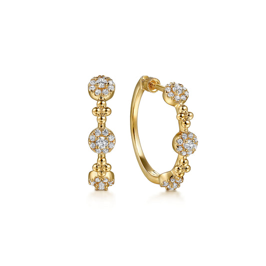 14K Yellow Gold Bujukan Diamond Cluster Classic Hoop Earrings