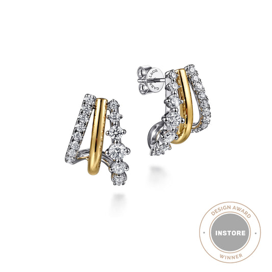 14K White&Yellow Gold Graduating Diamond J Hoop Stud Earrings