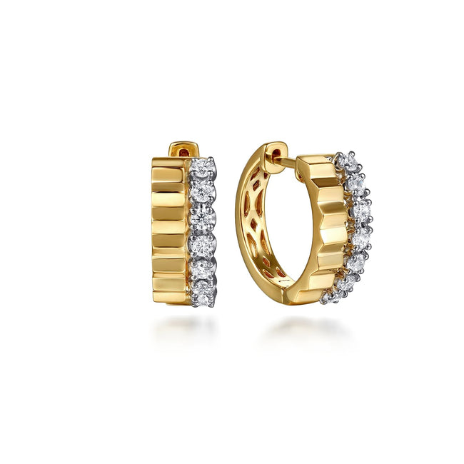 14K White &Yellow Gold Diamond and Diamond Cut Huggie Earrings