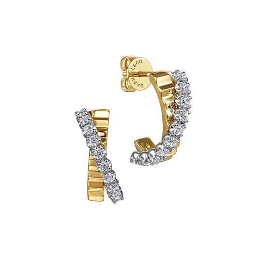14K White &Yellow Gold Diamond J Hoop Stud Earrings With Diamond Cut Texture