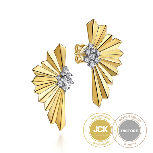 14K White & Yellow Gold Radiant Fan Diamond Cut and Cluster Diamond Stud Earrings