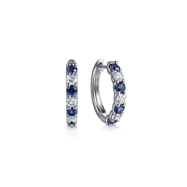 15mm 14K White Gold Diamond and Sapphire Huggie Earrings