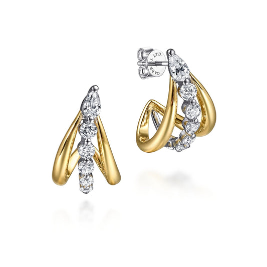 18K White & Yellow Gold Graduating Diamond J Hoop Stud Earrings