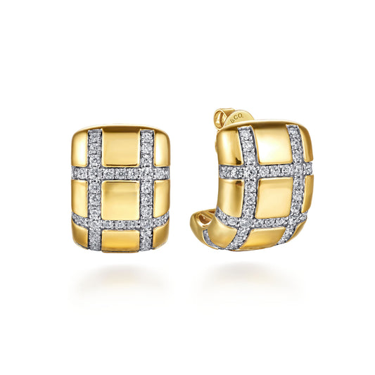 18K Yellow Gold Diamond J Hoop Stud Earrings
