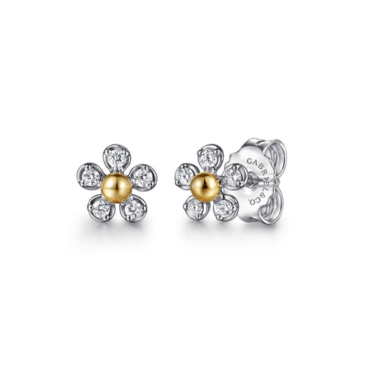 14K Yellow Gold & 925 Sterling Silver Diamond Flower Stud Earrings