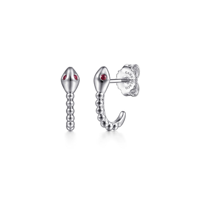 925 Sterling Silver Snake Bujukan Ruby J Hoop Stud Earrings