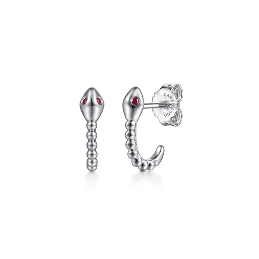 925 Sterling Silver Snake Bujukan Ruby J Hoop Stud Earrings