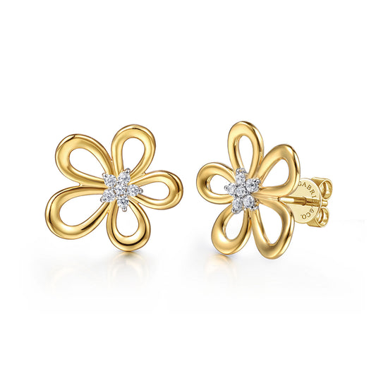 14K White & Yellow Gold Diamond Floral Stud Earrings