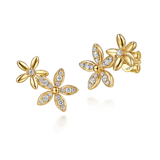 14K Yellow Gold Diamond Floral Ear Climber Earrings