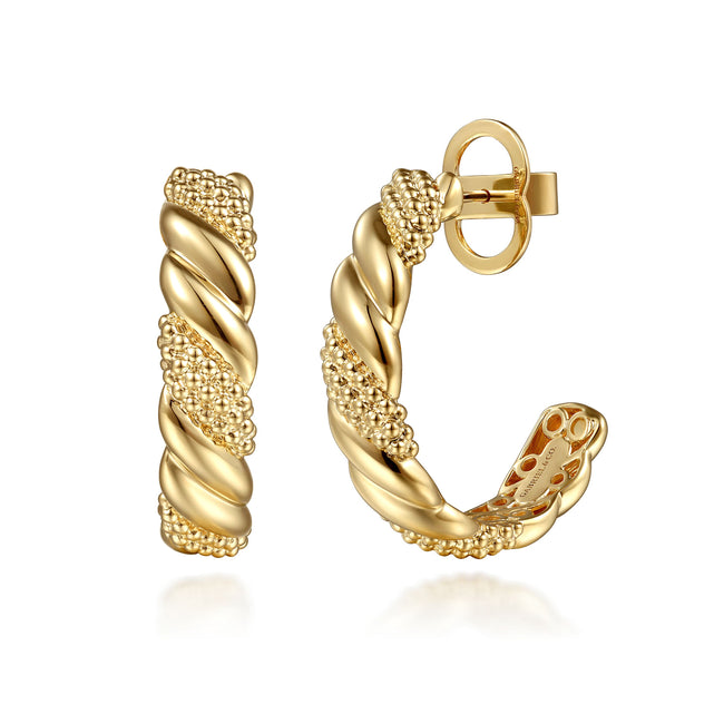 14K Yellow Plain Gold Bujukan J Hoop Stud Earrings