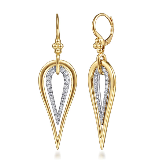 14K White & Yellow Gold Bujukan and Graduating Diamond Huggie Drop Earrings