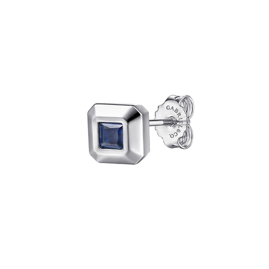 925 Sterling Silver Sapphire B Quality Mens Angular Cuts Single Stud Earring