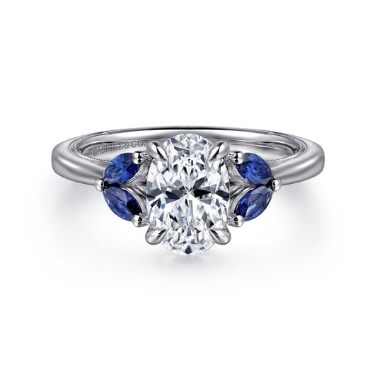 14K White Gold Round Diamond and Sapphire Engagement Ring