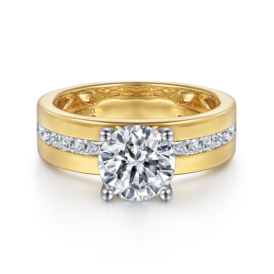 14K Yellow-White Gold Wide Band Round Diamond Engagement Ring
