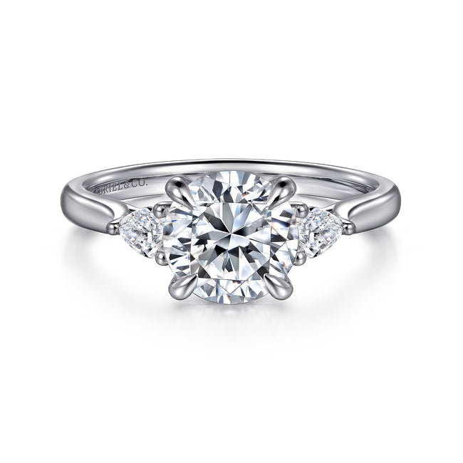 14K White Gold Three Stone Round Lotus Diamond Engagement Ring