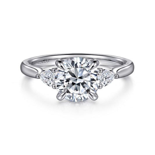 14K White Gold Three Stone Round Lotus Diamond Engagement Ring