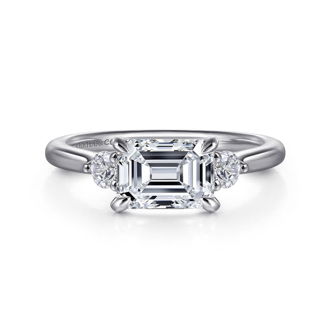 14K White Gold Emerald Cut Three Stone Lotus Diamond Engagement Ring