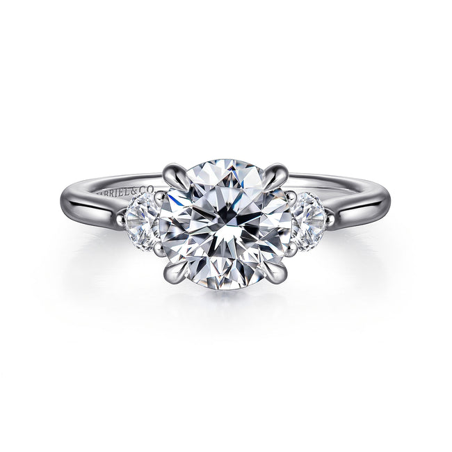 14K White Gold Round Three Stone Lotus Diamond Engagement Ring