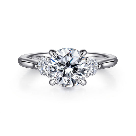 14K White Gold Round Three Stone Lotus Diamond Engagement Ring