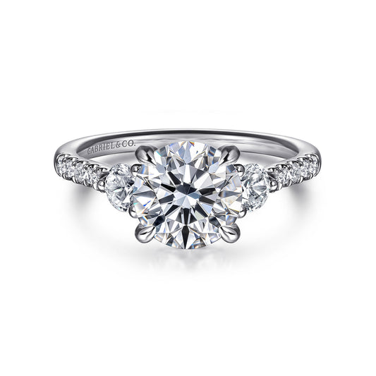 14K White Gold Round Three Stone Lotus Diamond Engagement Ring