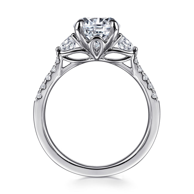 14K White Gold Round Three Stone Lotus Diamond Engagement Ring