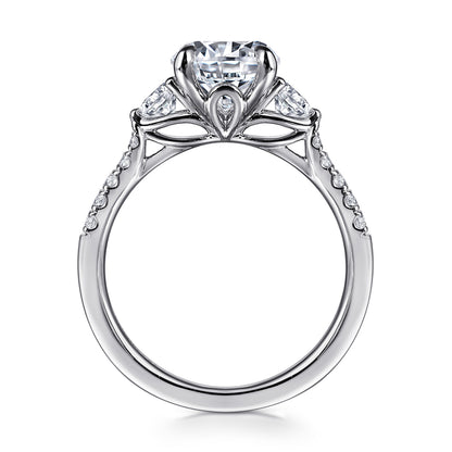 14K White Gold Round Three Stone Lotus Diamond Engagement Ring
