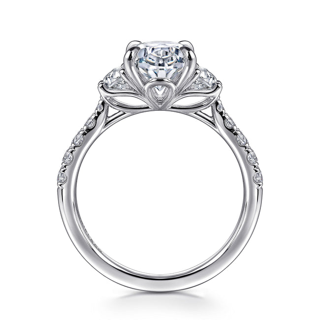14K White Gold Oval Three Stone Lotus Diamond Engagement Ring