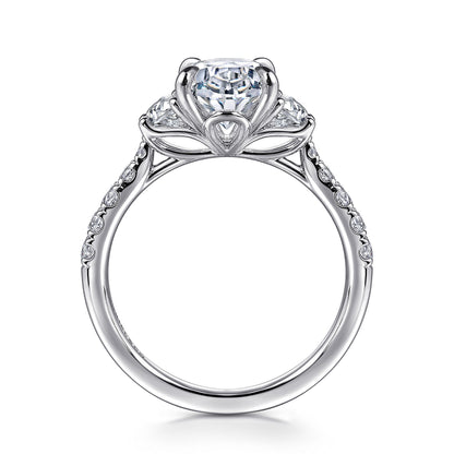 14K White Gold Oval Three Stone Lotus Diamond Engagement Ring