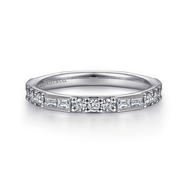 14K White Gold Baguette and Round Diamond Stackable Ring
