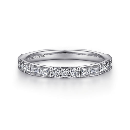 14K White Gold Baguette and Round Diamond Stackable Ring