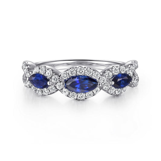 14K White Gold Twisted Diamond Rows and Sapphire Marquise Stones Ring