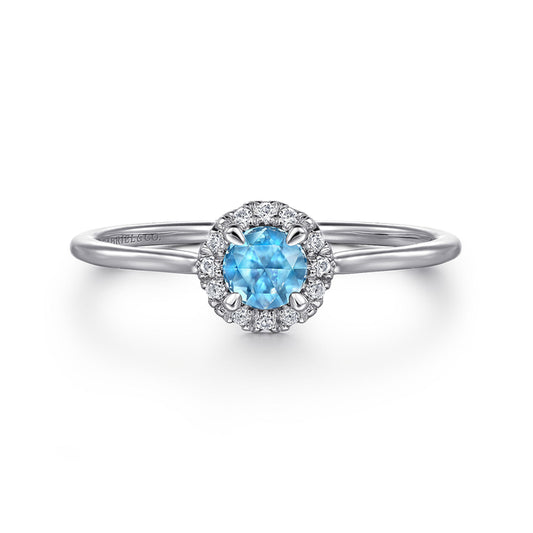 14K White Gold Blue Topaz and Diamond Halo Promise Ring